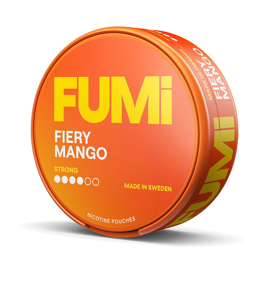 A round orange tin of Fumi Fiery Mango nicotine pouches on a solid black background. The front of the tin features the brand name 'FUMi' in large yellow letters, followed by 'FIERY MANGO' in white, and 'MADE IN SWEDEN' near the bottom.