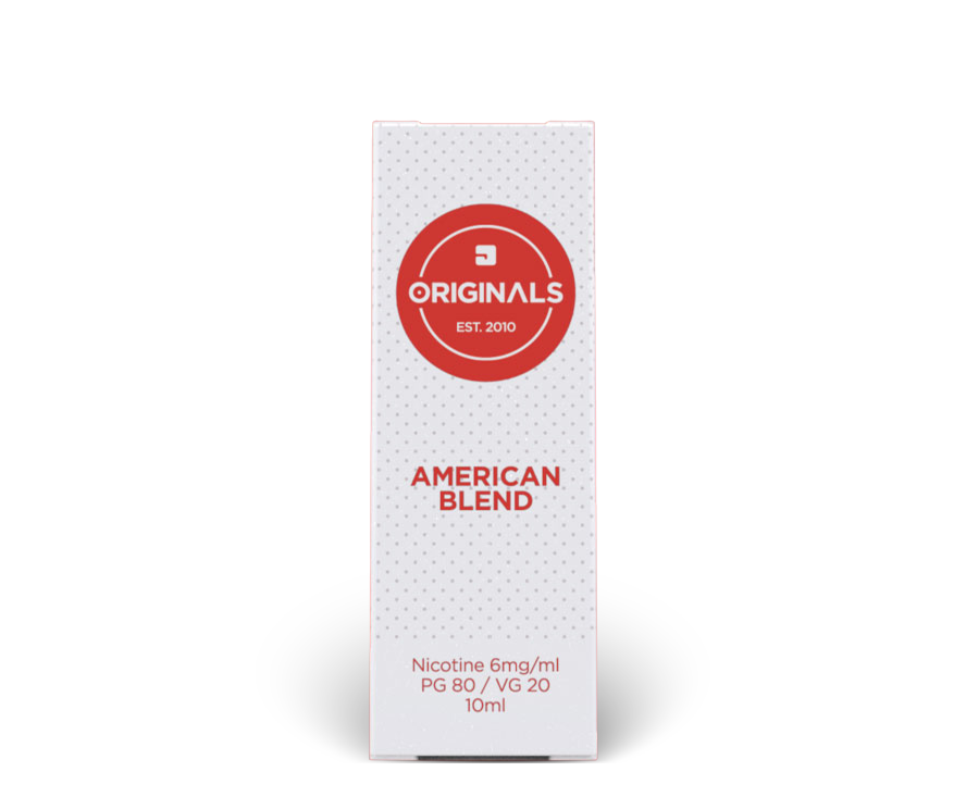 A 10ml white cardboard box of American Blend tobacco e-liquid, featuring a red circular logo and red text including "PG 80 / VG 20" and "Nicotine 6mg/ml".
