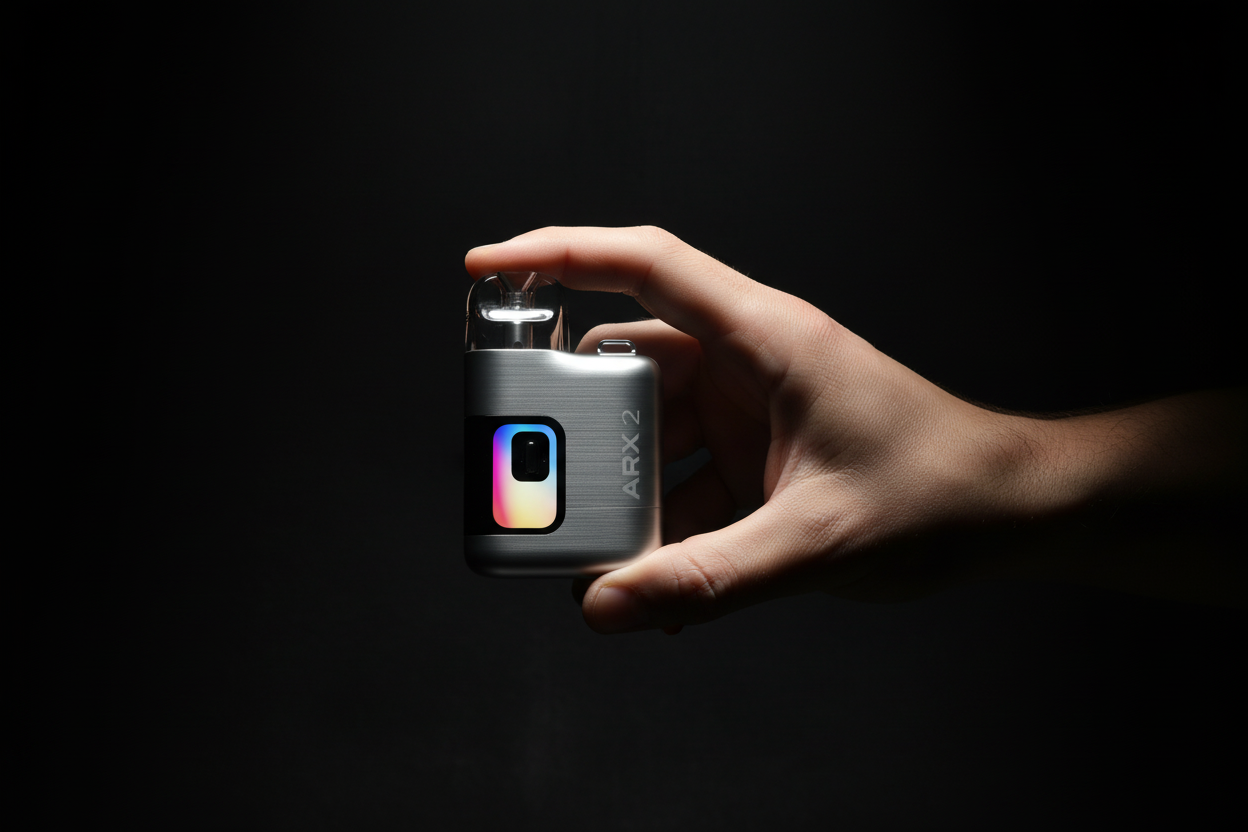 A hand holding the ARX 2 refillable pod vape in a dark setting