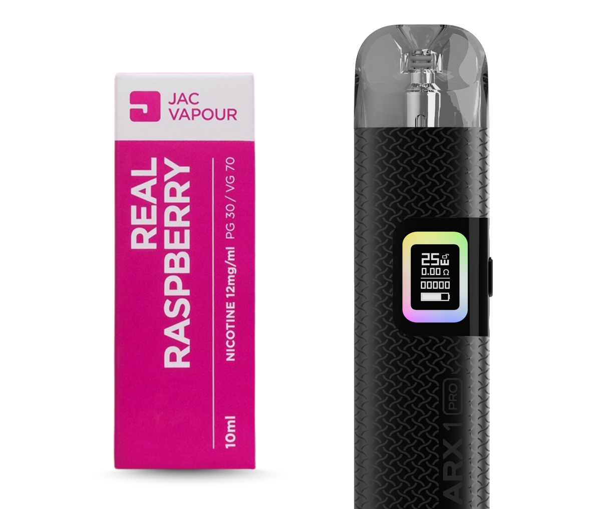 ARX 1 Pro next to a Real Raspberry e-liquid carton