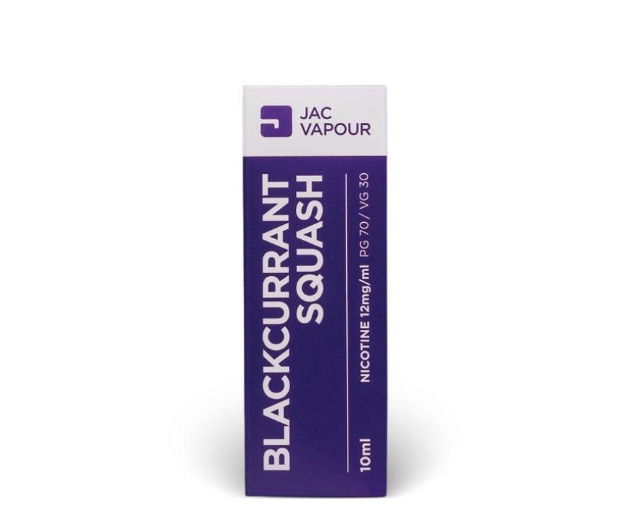 A 10ml e-liquid box packaging for blackcurrant squash flavour in high PG base and 12mg nicotine strength. Quality purple design.