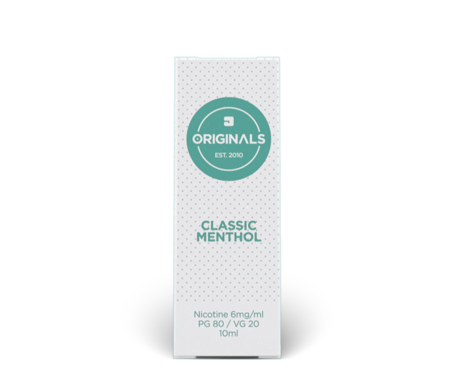 A tall rectangular white box for JAC Originals Classic Menthol e-liquid, featuring a teal circular logo and text "PG 80 / VG 20".