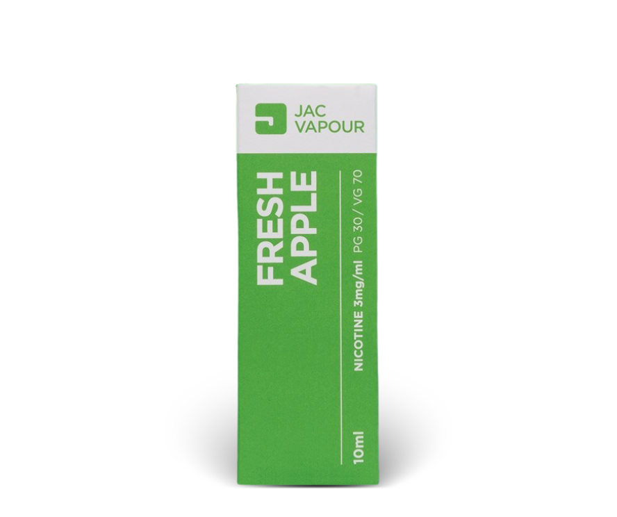 A 10ml Fresh Apple e-liquid with base VG 70% and 3mg nicotine strength, in a bright green box packaging with white text.