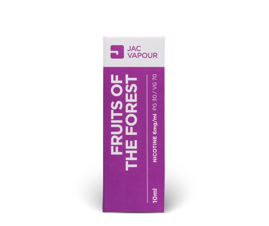 A 10ml box of JAC VAPOUR 'Fruits of the Forest' nicotine high VG e-liquid, featuring a purple and white design with white text.