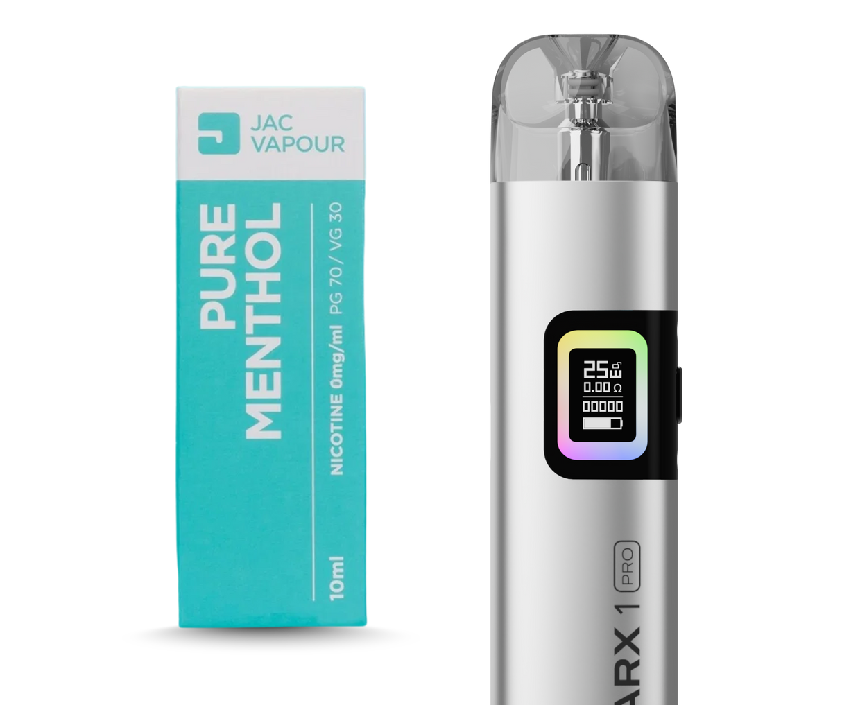 Silver ARX 1 Pro pod vape kit and Pure Menthol nicotine free e-liquid