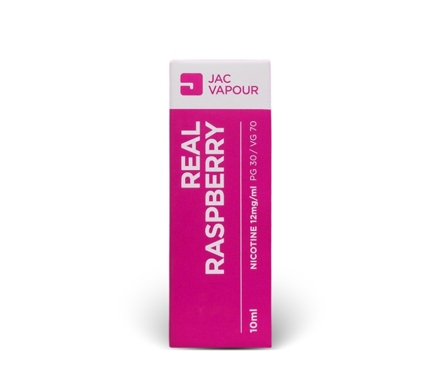 A 10ml Real Raspberry PG 30 VG 70 e-liquid, featuring a vibrant magenta pink and white packaging design with bold white text.