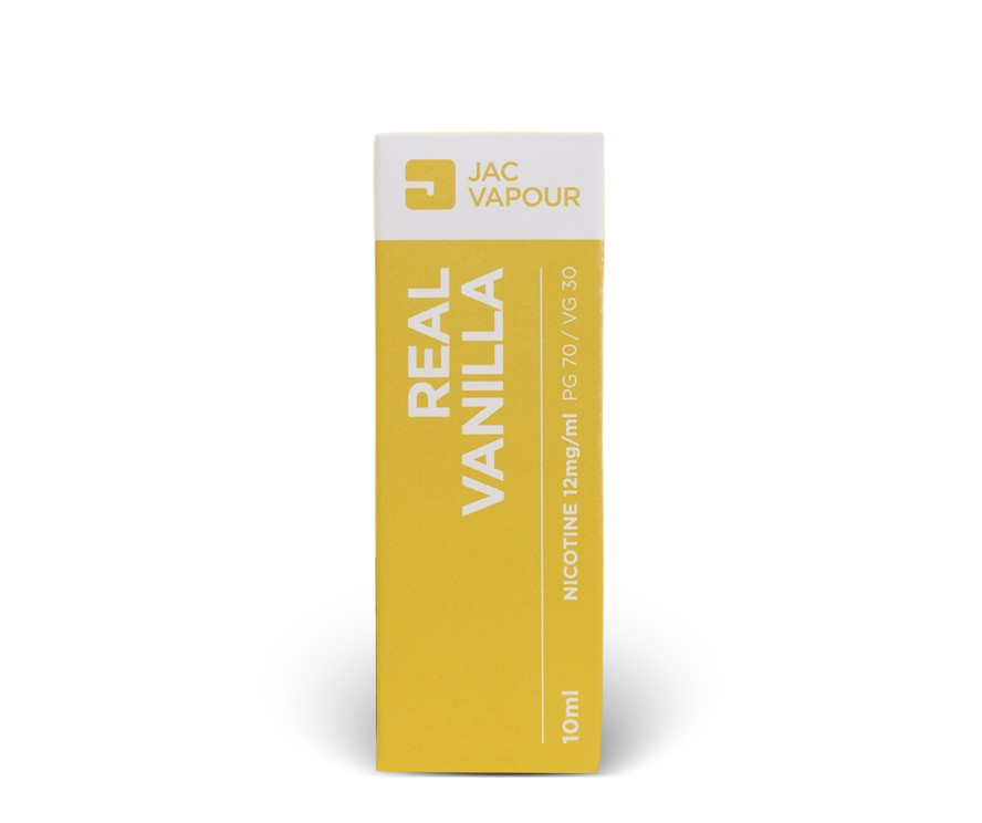 A 10ml box of JAC Vapour Real Vanilla high PG e-liquid, featuring a yellow and white packaging design with vertical text, set against a plain white background.