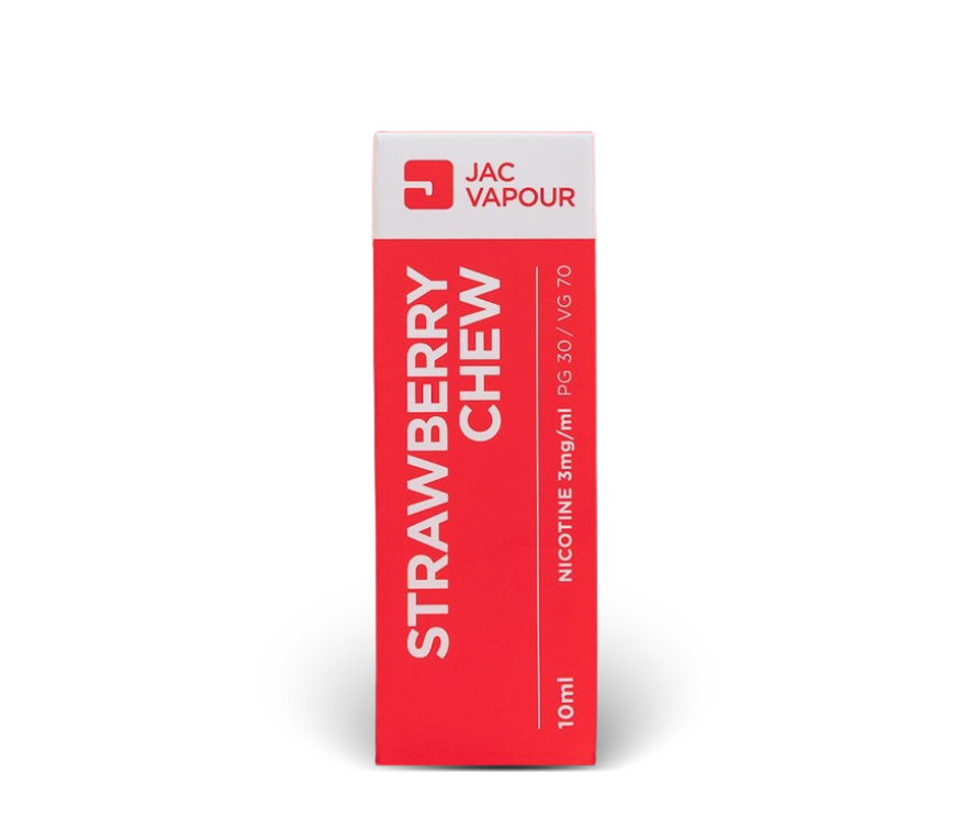 A red and white box of JAC VAPOUR Strawberry Chew VG 70% e-liquid, 10ml size, shown on a clean white background with a soft shadow.