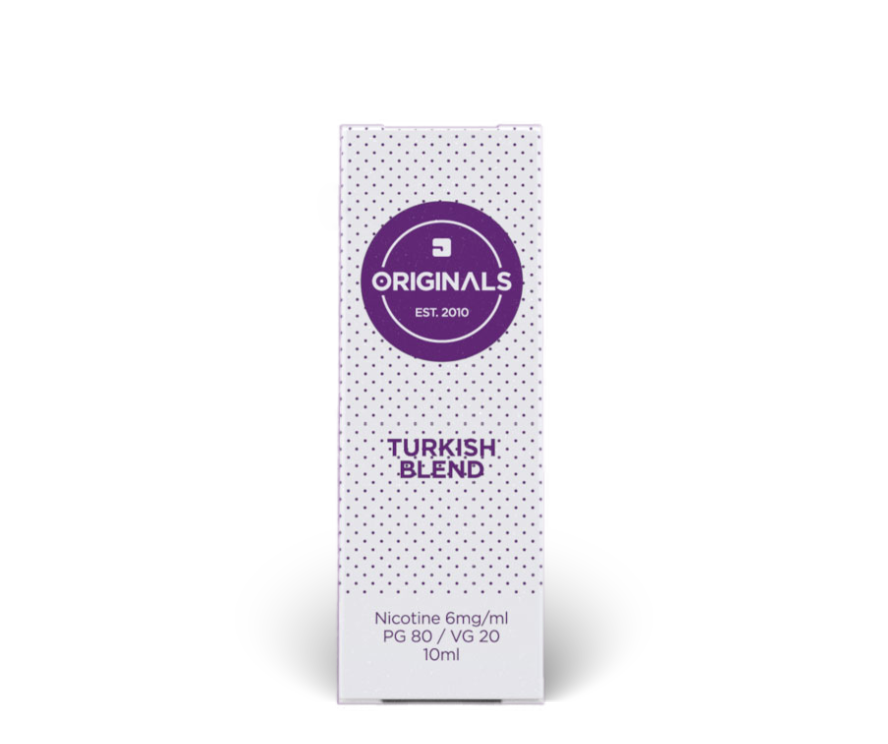 Turkish Blend tobacco flavour e-liquid packaging in white and purple design with text "PG 80 / VG 20"