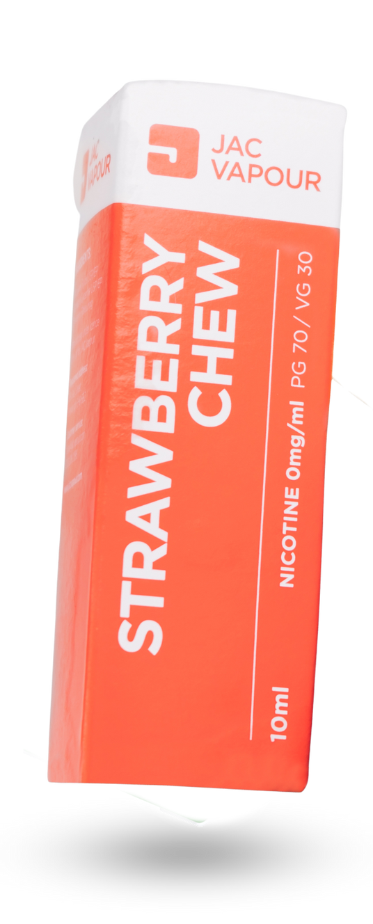 Nicotine free Strawberry Chew flavoured e-liquid in red and white box packaging