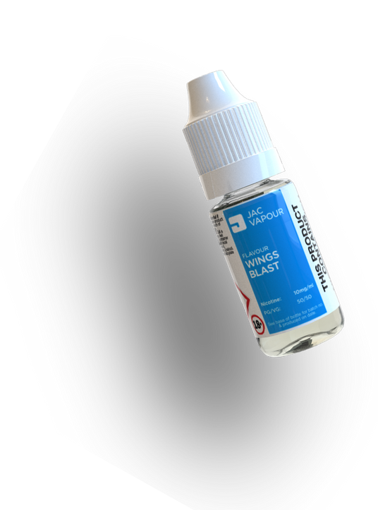 Vape juice bottle with blue label on a white background