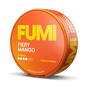 A round orange tin of Fumi Fiery Mango nicotine pouches on a solid black background. The front of the tin features the brand name 'FUMi' in large yellow letters, followed by 'FIERY MANGO' in white, and 'MADE IN SWEDEN' near the bottom.
