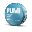 A round blue tin of FUMi Freezy Mint nicotine pouches on a solid black background. The packaging features bold white text with the brand name 'FUMi' and product name 'FREEZY MINT'.
