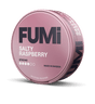 A round pink tin of FUMi Salty Raspberry nicotine pouches, shown at a three-quarter angle on a solid black background.