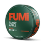 A round tin of Fumi Tangy Apple strong nicotine pouches, shown at a three-quarter angle on a solid black background. The packaging is dark green with bold orange and white lettering.