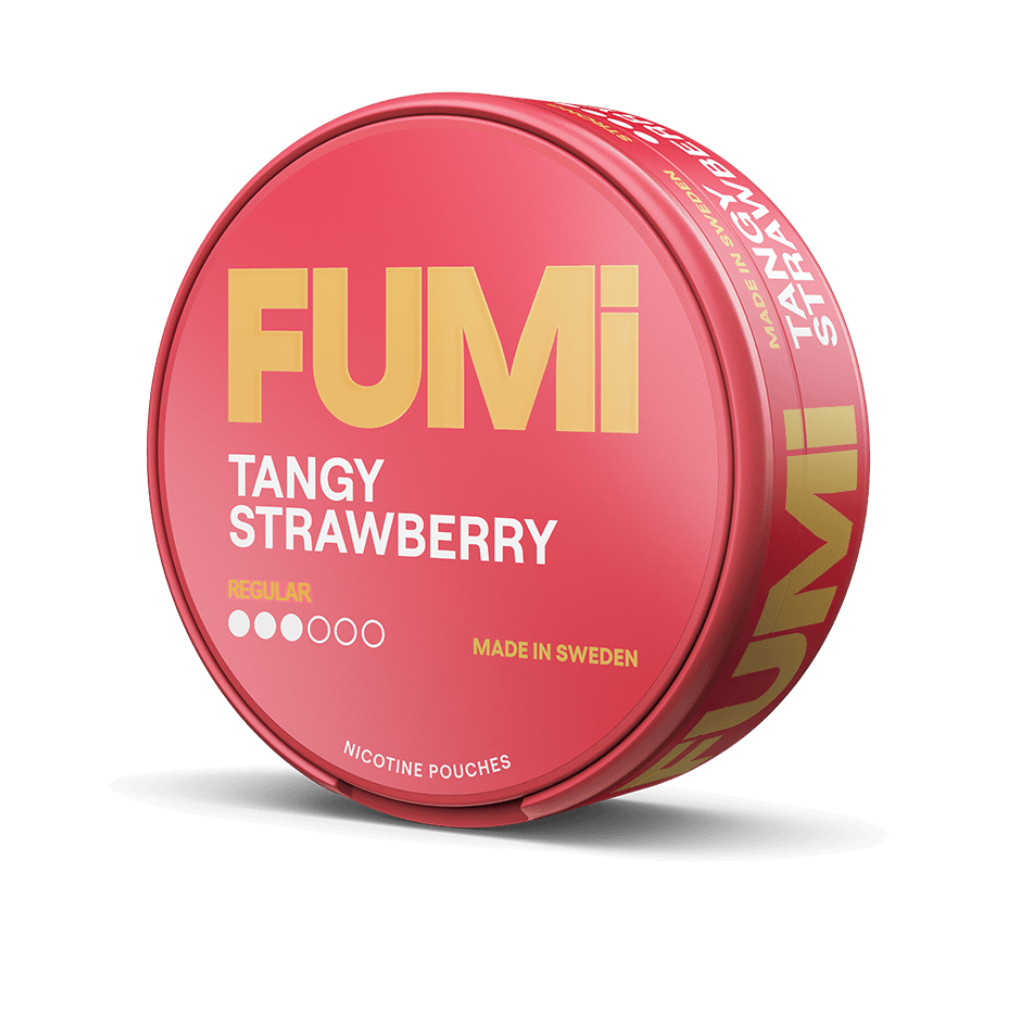 A round red tin of FUMi Tangy Strawberry nicotine pouches, featuring gold and white branding on a clean white background.