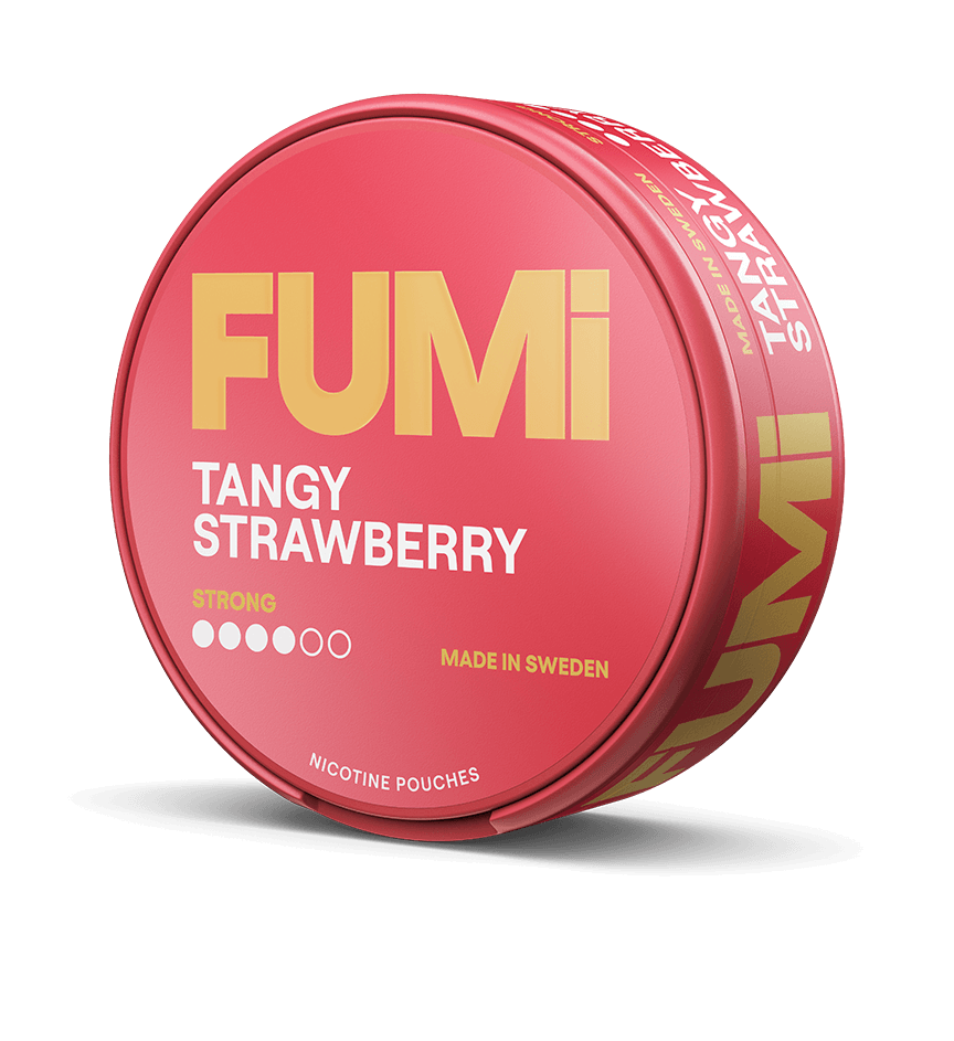 A round tin of Fumi Tangy Strawberry nicotine pouches, shown at a three-quarter angle on a solid black background. The packaging is a vibrant pinkish-red with bold yellow and white text.