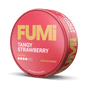 A round tin of Fumi Tangy Strawberry nicotine pouches, shown at a three-quarter angle on a solid black background. The packaging is a vibrant pinkish-red with bold yellow and white text.