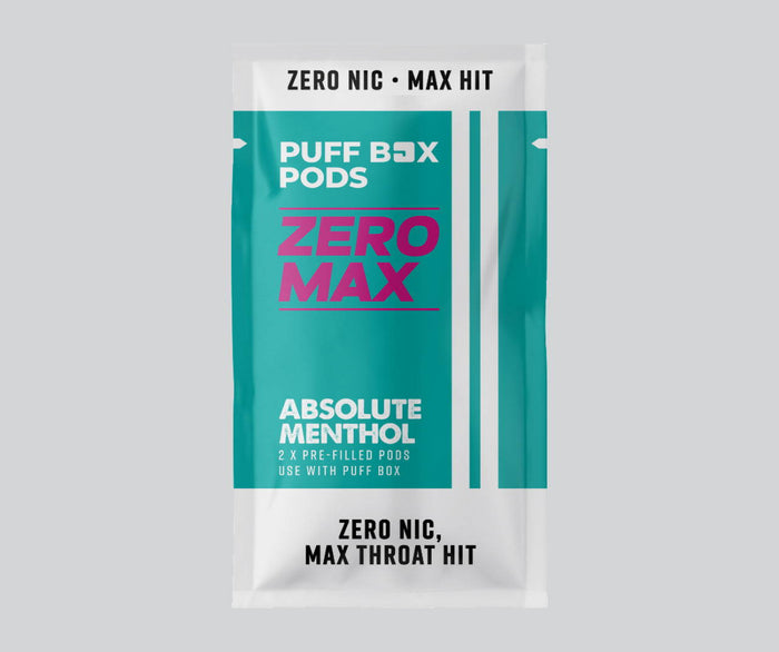 Puff Box Pods Zero Max Absolute Menthol packaging on a gray background