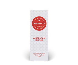 A 10ml white cardboard box of American Blend tobacco e-liquid, featuring a red circular logo and red text including "PG 80 / VG 20" and "Nicotine 6mg/ml".