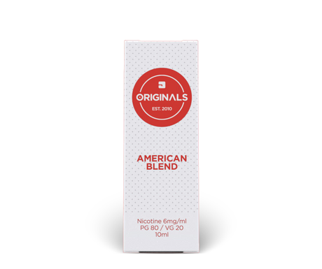A 10ml white cardboard box of American Blend tobacco e-liquid, featuring a red circular logo and red text including "PG 80 / VG 20" and "Nicotine 6mg/ml".