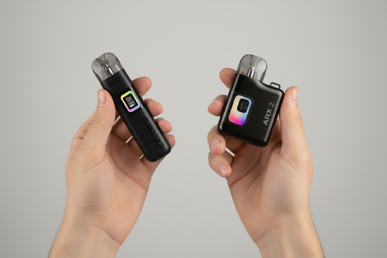 Photo of the ARX 1 Pro and ARX 2 refillable pod devices being held by someone's hands