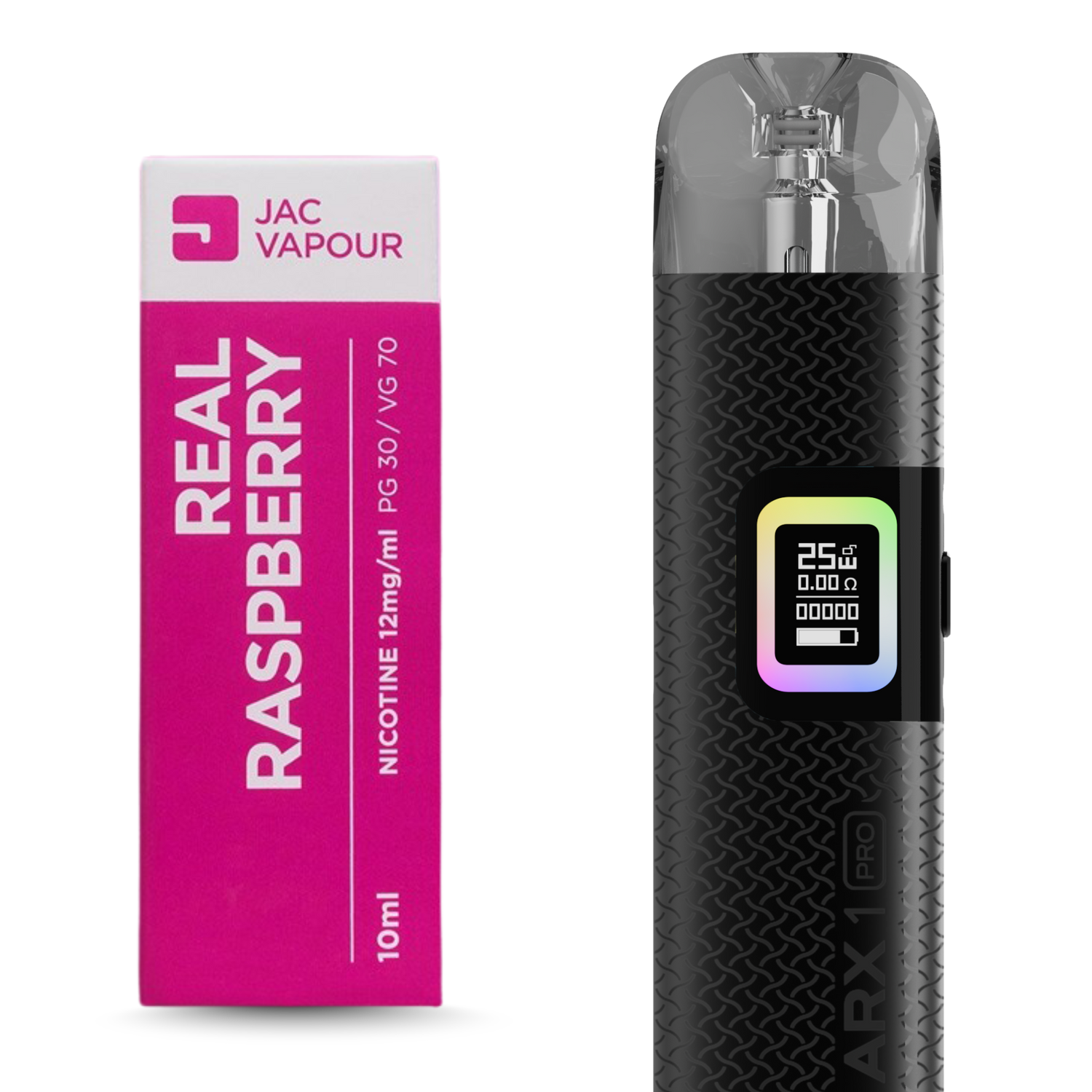 ARX 1 Pro next to a Real Raspberry e-liquid carton