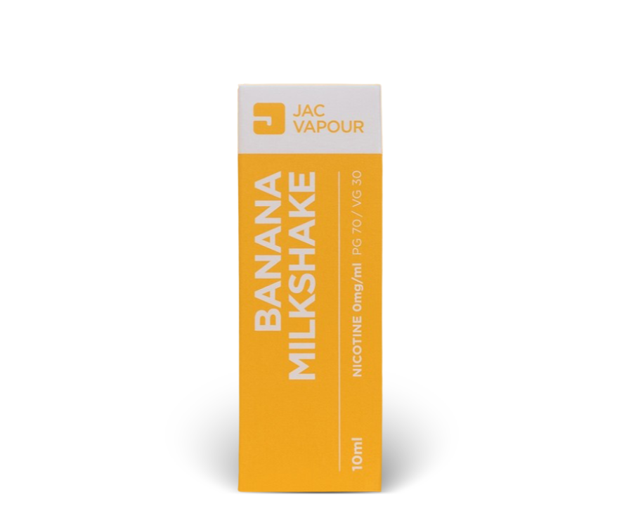 A 10ml box of JAC Vapour Banana Milkshake PG70 VG30 e-liquid, featuring a bright yellow and white packaging design with vertical text.

