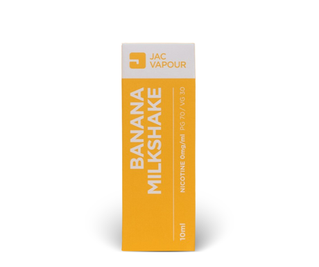 A 10ml box of JAC Vapour Banana Milkshake PG70 VG30 e-liquid, featuring a bright yellow and white packaging design with vertical text.

