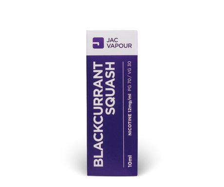 A 10ml e-liquid box packaging for blackcurrant squash flavour in high PG base and 12mg nicotine strength. Quality purple design.
