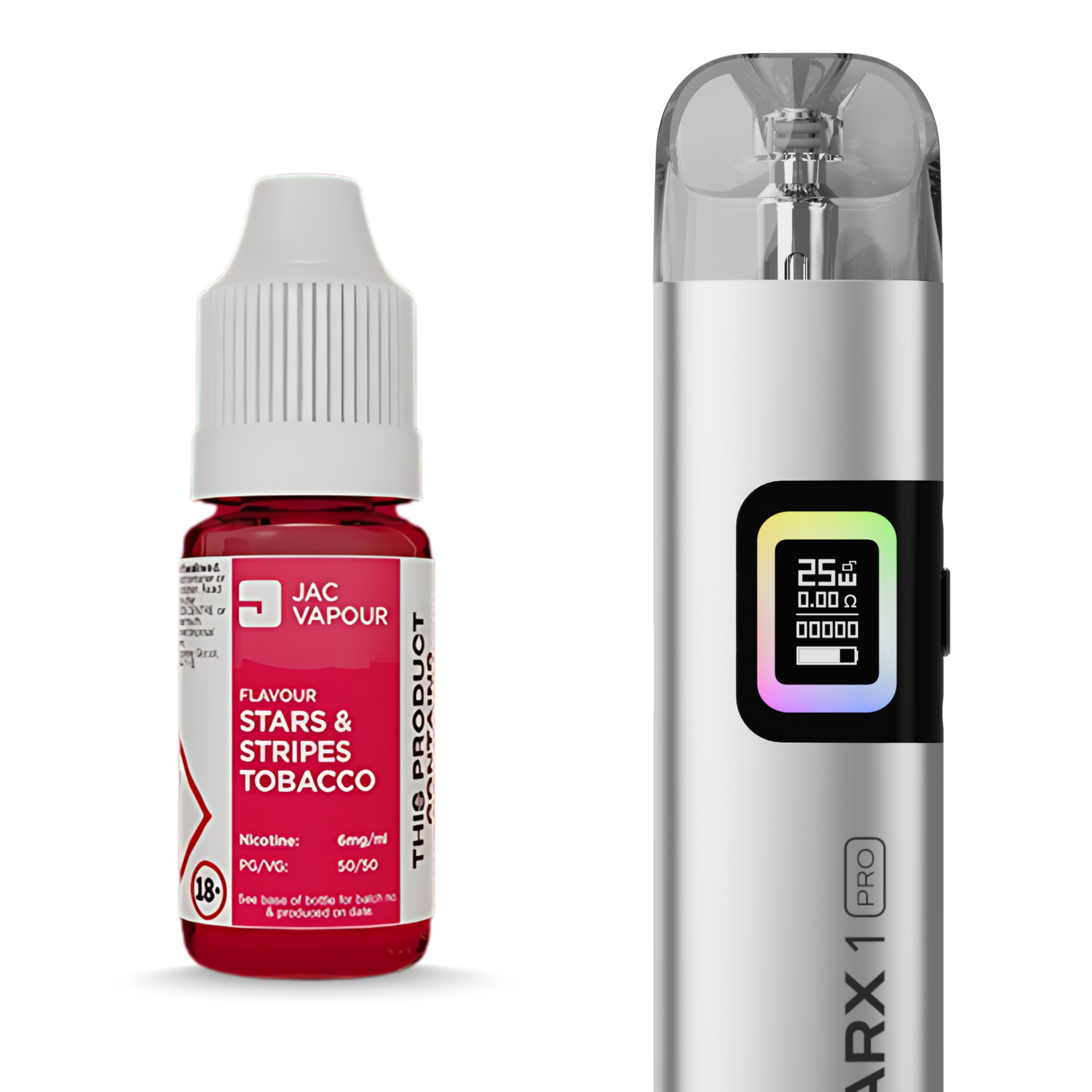 A silver vape device next to a bottle of red e-liquid. The vape device is labelled 'ARX 1 PRO' and has a digital screen showing battery and temperature levels.