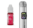 A silver vape device next to a bottle of red e-liquid. The vape device is labelled 'ARX 1 PRO' and has a digital screen showing battery and temperature levels.