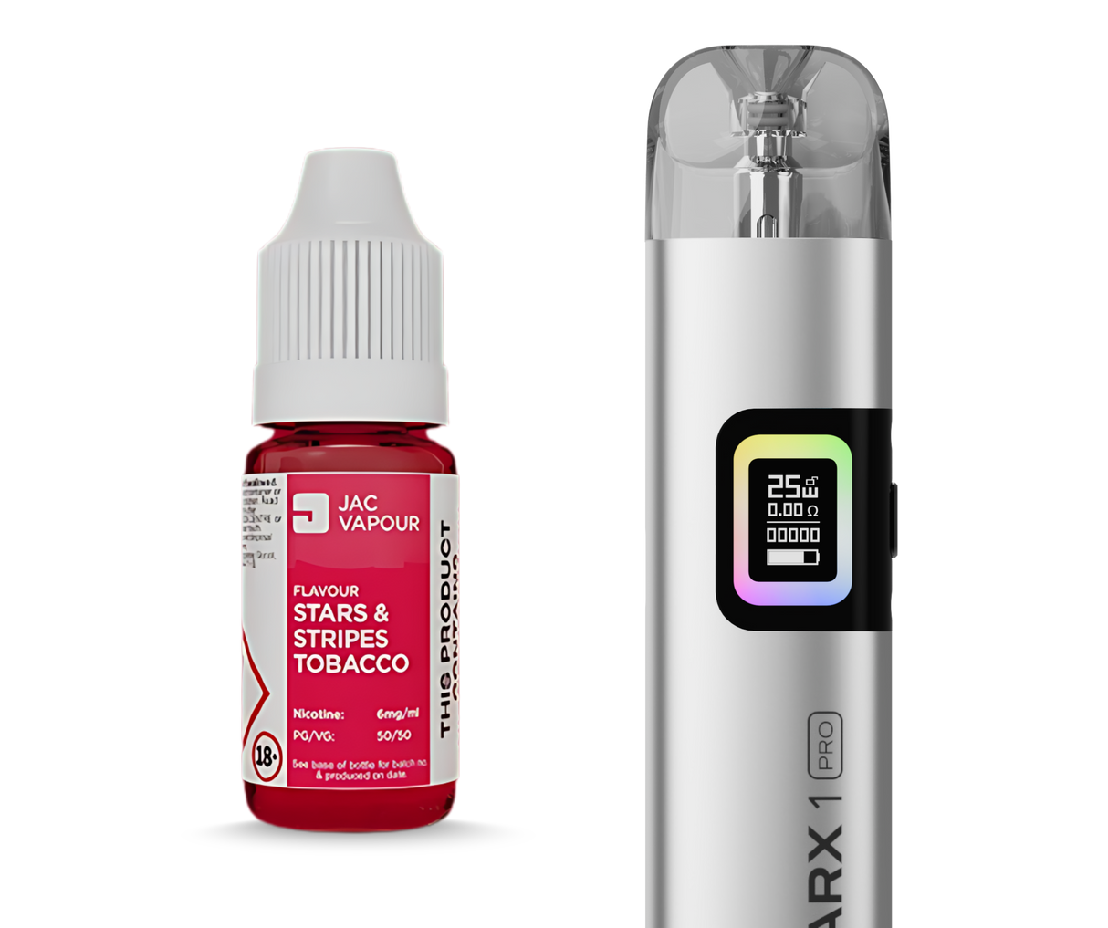 A silver vape device next to a bottle of red e-liquid. The vape device is labelled 'ARX 1 PRO' and has a digital screen showing battery and temperature levels.