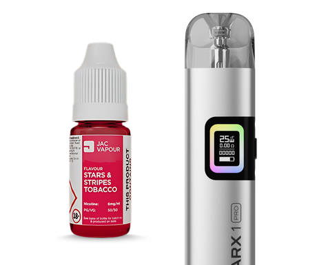 A silver vape device next to a bottle of red e-liquid. The vape device is labelled 'ARX 1 PRO' and has a digital screen showing battery and temperature levels.