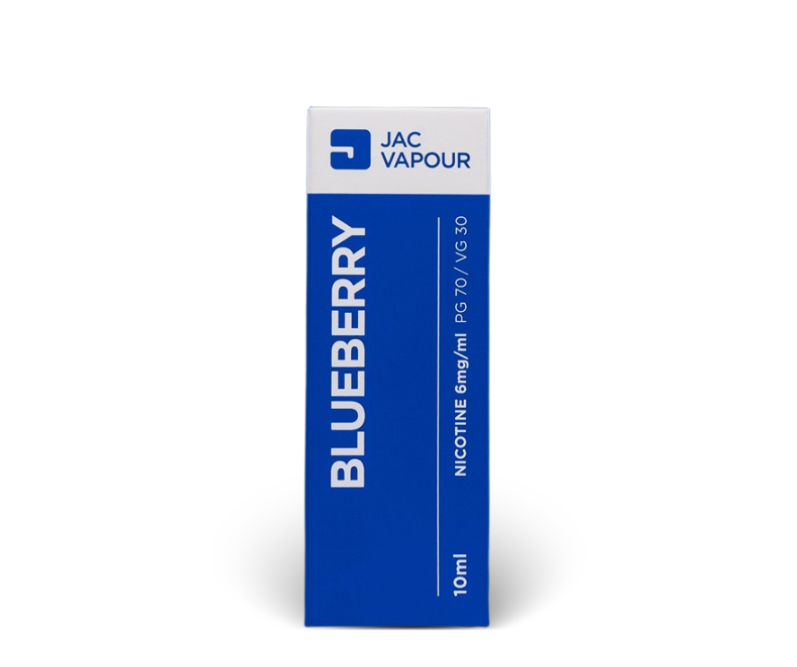 A 10ml box of Blueberry PG70 / VG30 nicotine e-liquid by JAC VAPOUR, featuring a blue and white design with white text.