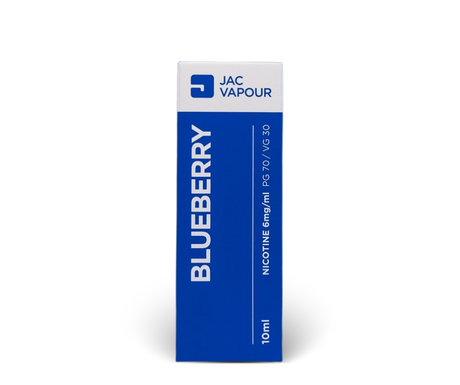 A 10ml box of Blueberry PG70 / VG30 nicotine e-liquid by JAC VAPOUR, featuring a blue and white design with white text.