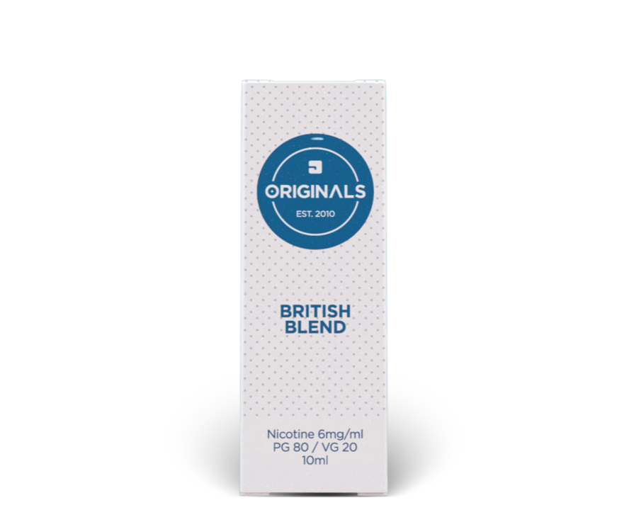 Packaging for British Blend tobacco e-liquid by JAC Vapour, with PG 80 / VG 20 base, in white packaging with blue circular logo and dotted design.