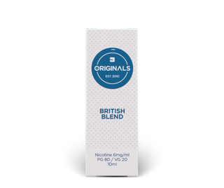 Packaging for British Blend tobacco e-liquid by JAC Vapour, with PG 80 / VG 20 base, in white packaging with blue circular logo and dotted design.