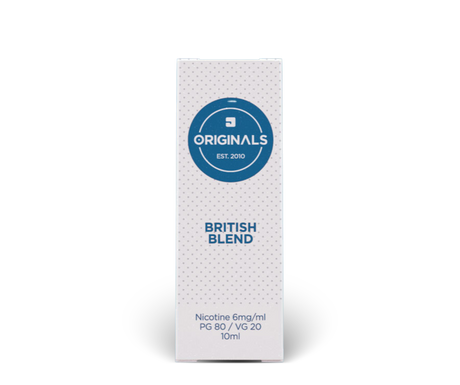 Packaging for British Blend tobacco e-liquid by JAC Vapour, with PG 80 / VG 20 base, in white packaging with blue circular logo and dotted design.