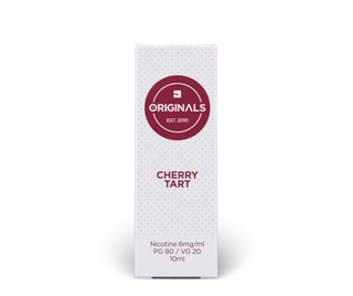 A tall, narrow white box for JAC Originals Cherry Tart e-liquid, featuring a dark red circular logo and red text including "PG 80 / VG 20".