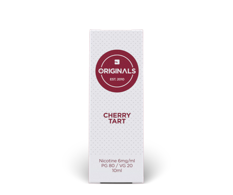 A tall, narrow white box for JAC Originals Cherry Tart e-liquid, featuring a dark red circular logo and red text including "PG 80 / VG 20".