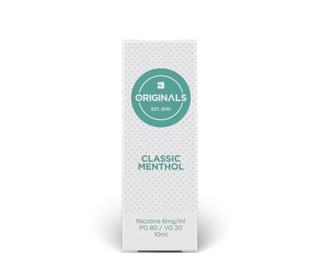 A tall rectangular white box for JAC Originals Classic Menthol e-liquid, featuring a teal circular logo and text "PG 80 / VG 20".