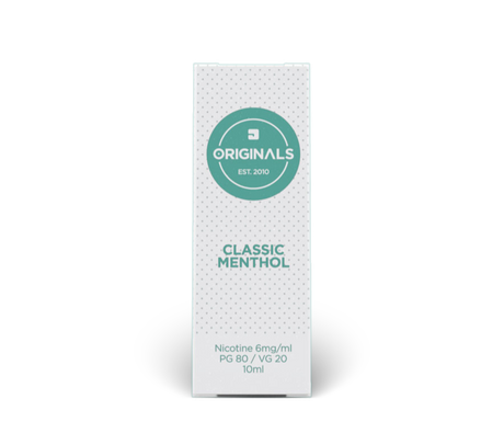 A tall rectangular white box for JAC Originals Classic Menthol e-liquid, featuring a teal circular logo and text "PG 80 / VG 20".