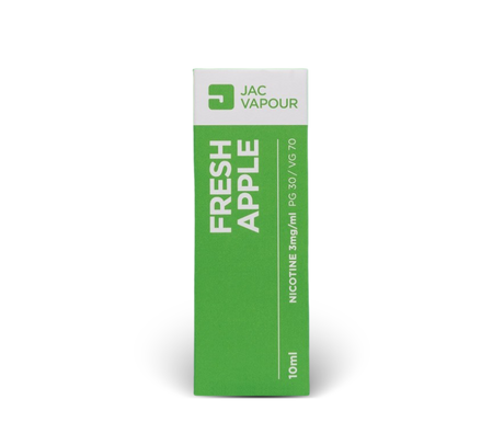 A 10ml Fresh Apple e-liquid with base VG 70% and 3mg nicotine strength, in a bright green box packaging with white text.
