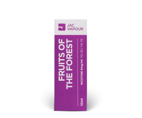 A 10ml box of JAC VAPOUR 'Fruits of the Forest' nicotine high VG e-liquid, featuring a purple and white design with white text.

