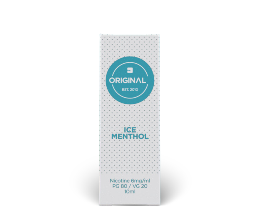 A 10ml box of Ice Menthol high PG e-liquid, featuring a white box with a subtle dotted pattern, a teal circular logo, and teal text including "PG 80 / VG 20".