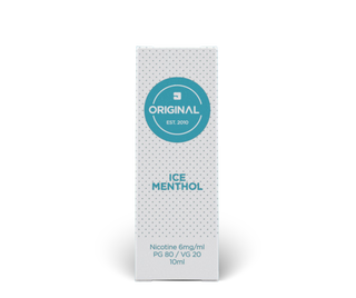 A 10ml box of Ice Menthol high PG e-liquid, featuring a white box with a subtle dotted pattern, a teal circular logo, and teal text including "PG 80 / VG 20".