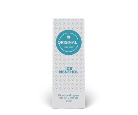 A 10ml box of Ice Menthol high PG e-liquid, featuring a white box with a subtle dotted pattern, a teal circular logo, and teal text including "PG 80 / VG 20".