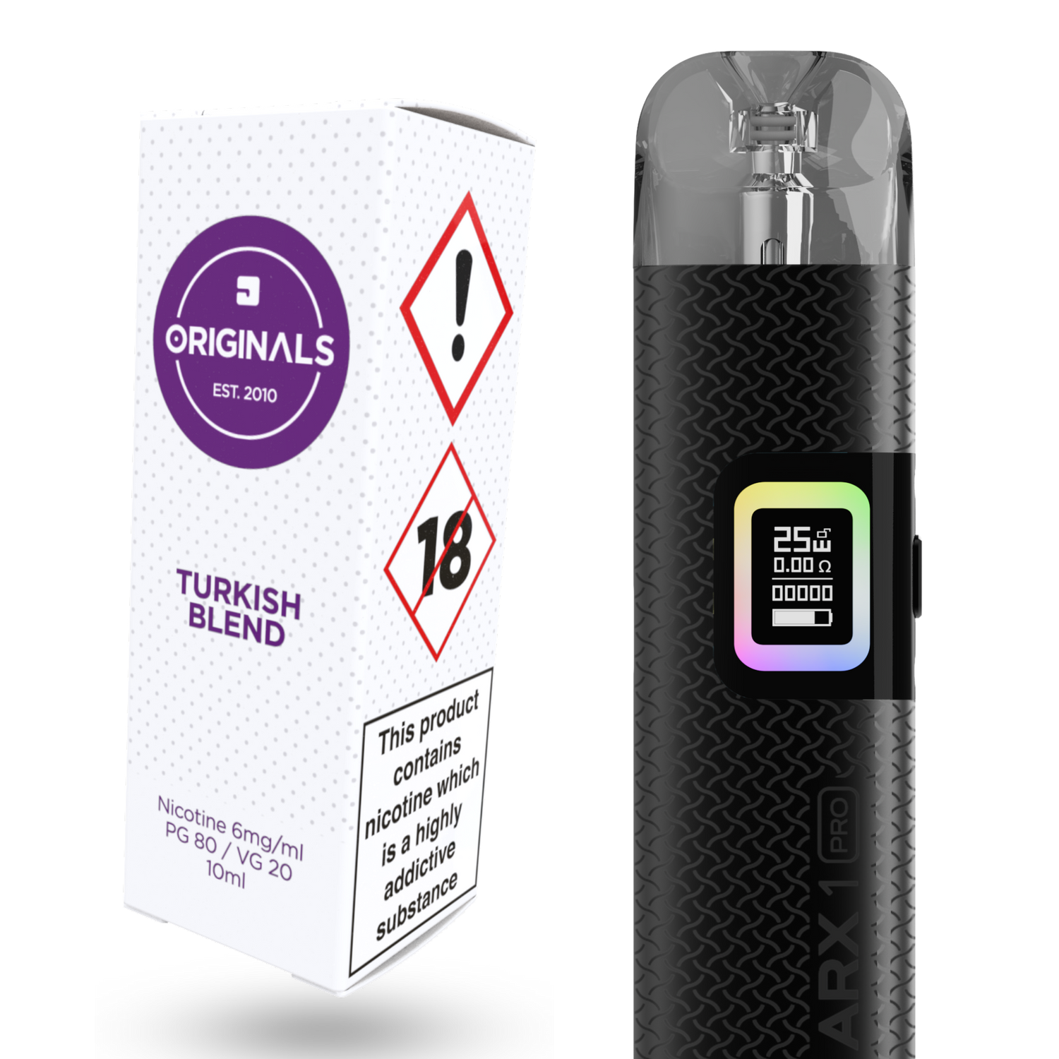 A black ARX 1 Pro vape device alongside the box packaging of Turkish Blend e-liquid from the JAC Originals range