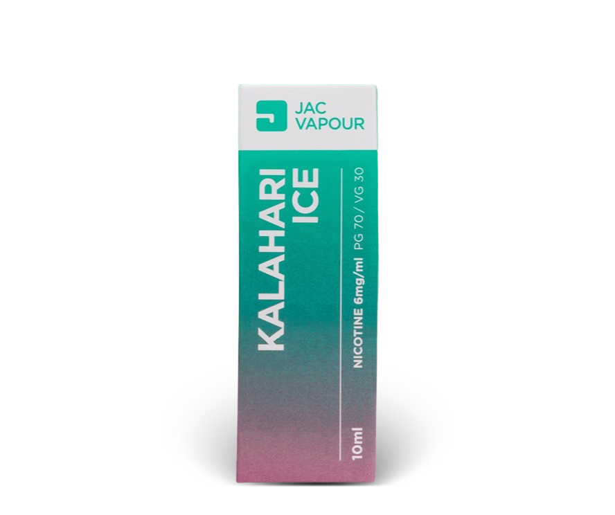 A 10ml box of JAC VAPOUR Kalahari Ice PG 70 / VG 30 nicotine e-liquid, featuring a vertical gradient design transitioning from teal green to pink, shown on a clean white background.